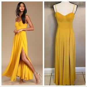 NWOT Lulus Cause for Commotion Golden Yellow Pleated Bustier Maxi Dress